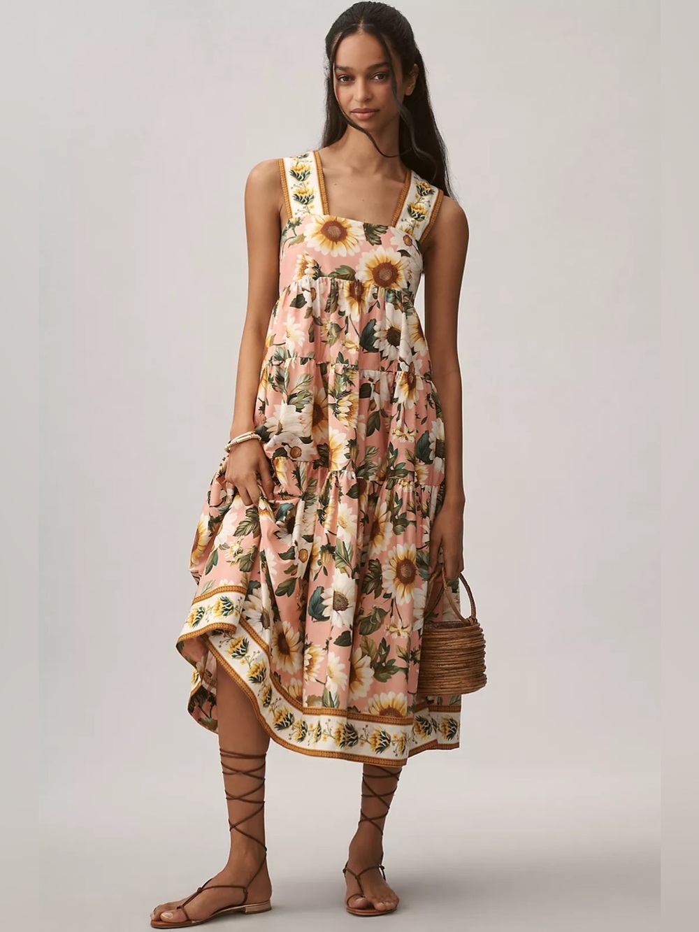 Anthropologie Helena Square-Neck Smocked Tiered Midi Dress